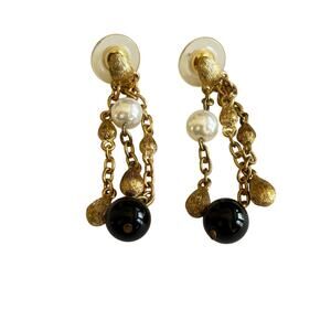 Dramatic Pierced earrings chain tassels black gold pearl beads drop & dangle